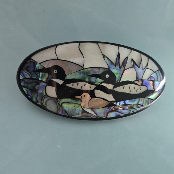 Vintage mother-of-pearl abalone inlays Hair Clip ducks family play in the River - Picture 6 of 17